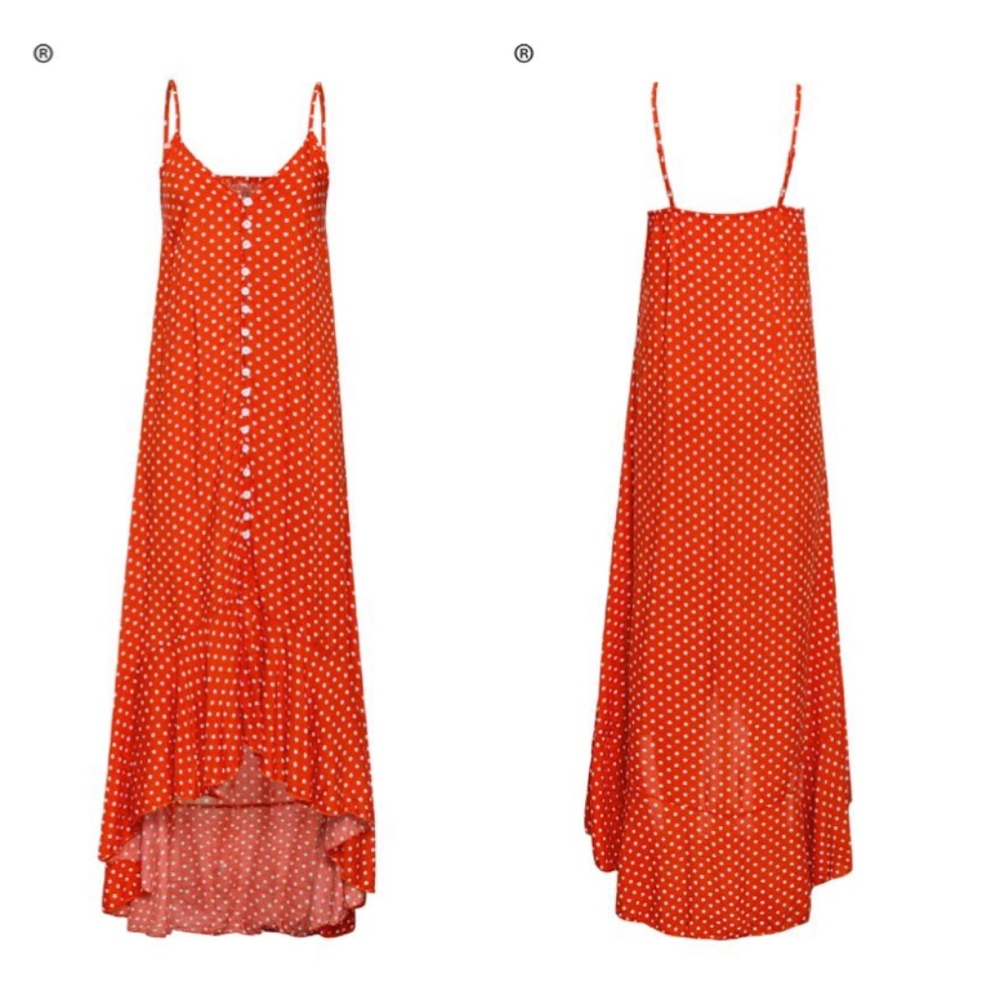 Boho Polka Dot Cami A line Orange Dress High Low - Picture 4 of 8